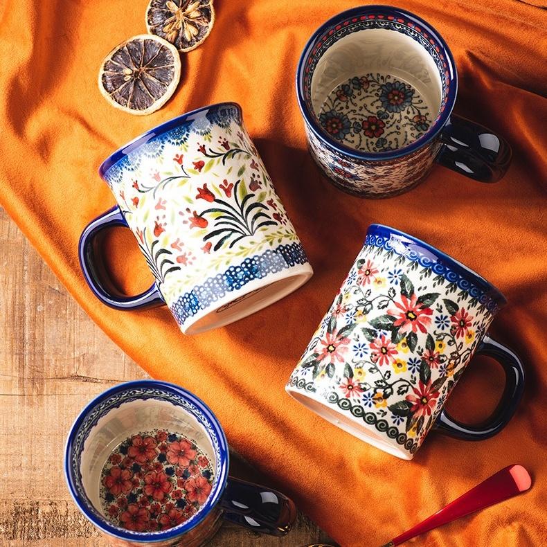 Bohemian Floral Ceramic Mug, Vintage Style Red Blue Flower Coffee Cup for Home & Gift