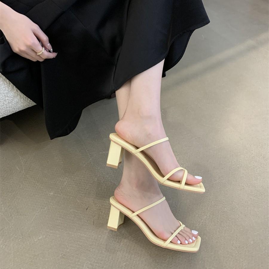High-Heeled French Niche Square Head Cool Slippers, Roman Thin Strap Thick-Heeled Sandals For Summer Fashion