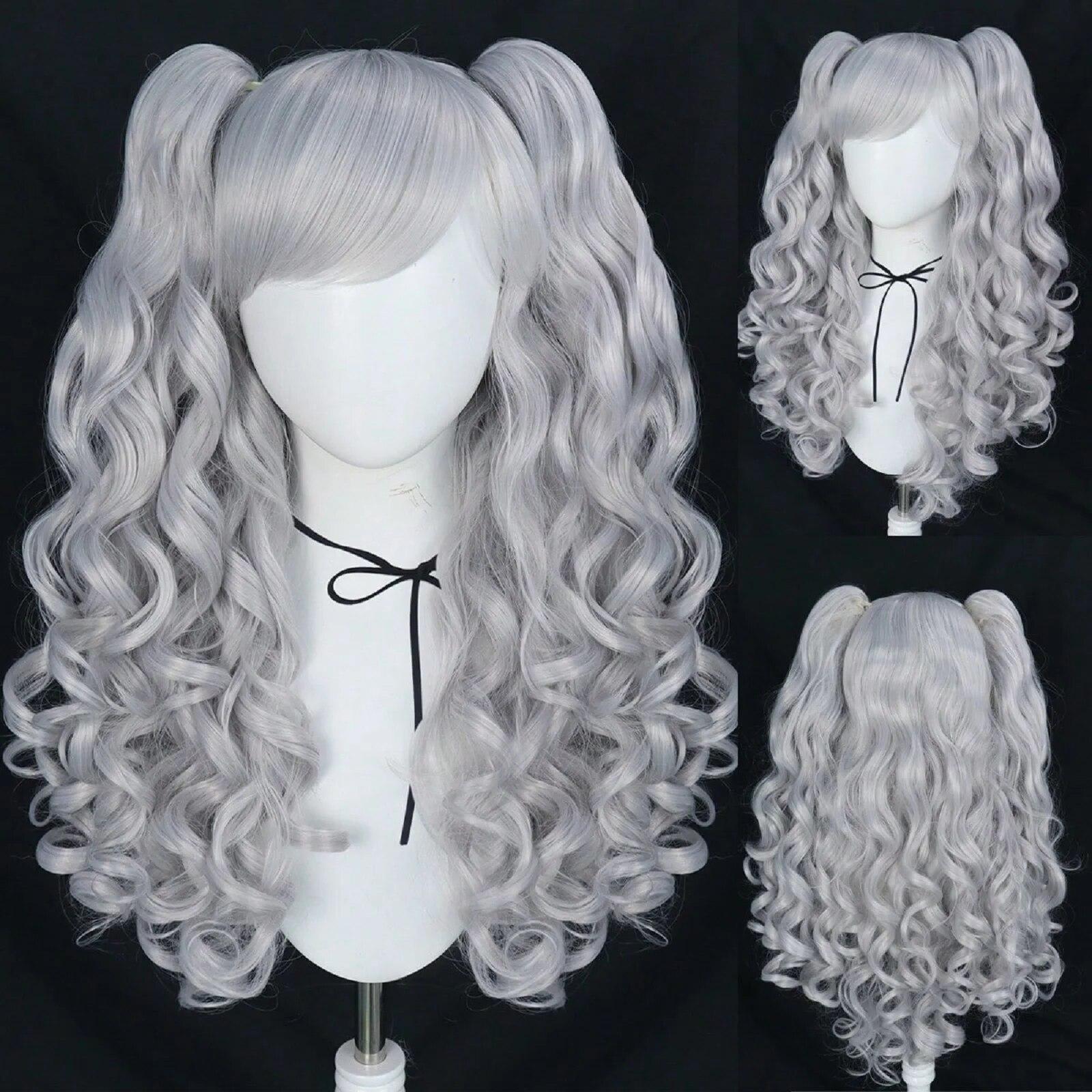 

Косплей перука з хвостиком Синтетична довга кольорова кучерява перука Лоліта для косплею з подвійними хвостиками та 1 шт. 24inches