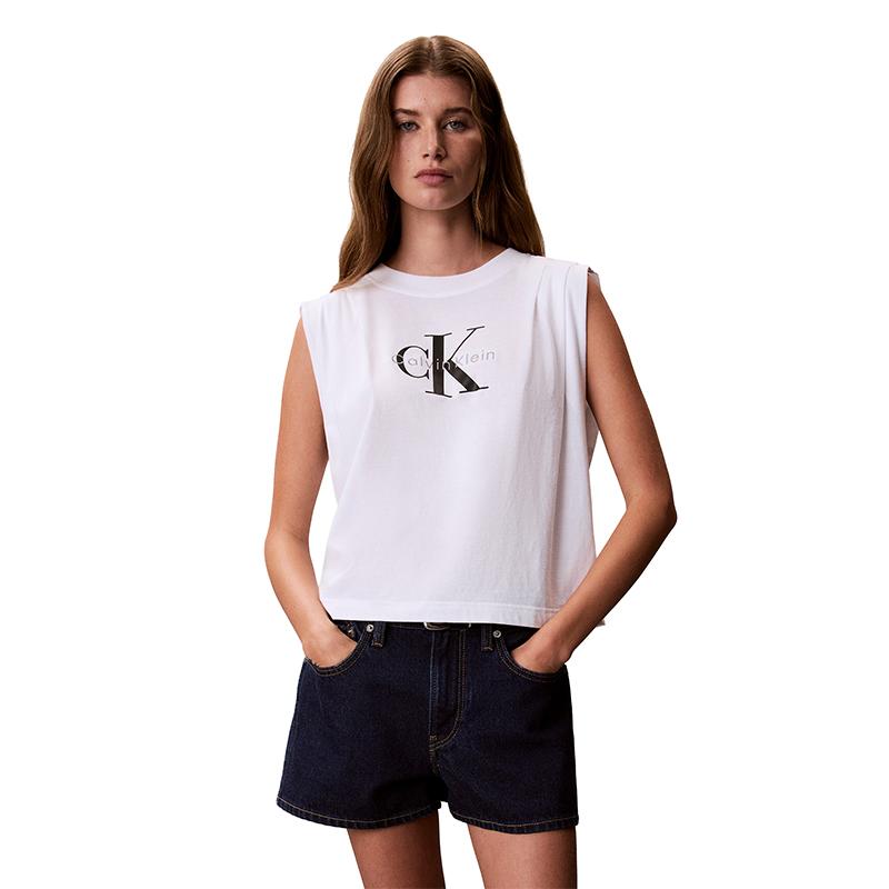 Calvin Klein Jeans Trendy Casual Letter Embroidered Round Neck Slim Fit Sleeveless Top T-Shirt Women tops 47G214G