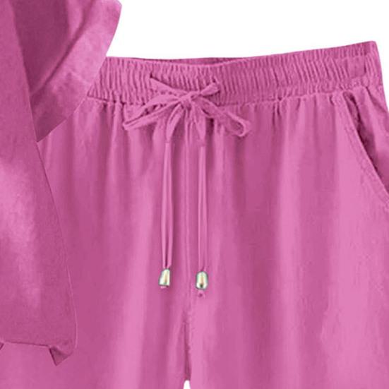 Bomull Lin 2-delt antrekk for kvinner Kort ermet V-hals topp Vidbent shortssett Sommer Casual Løst loungesett