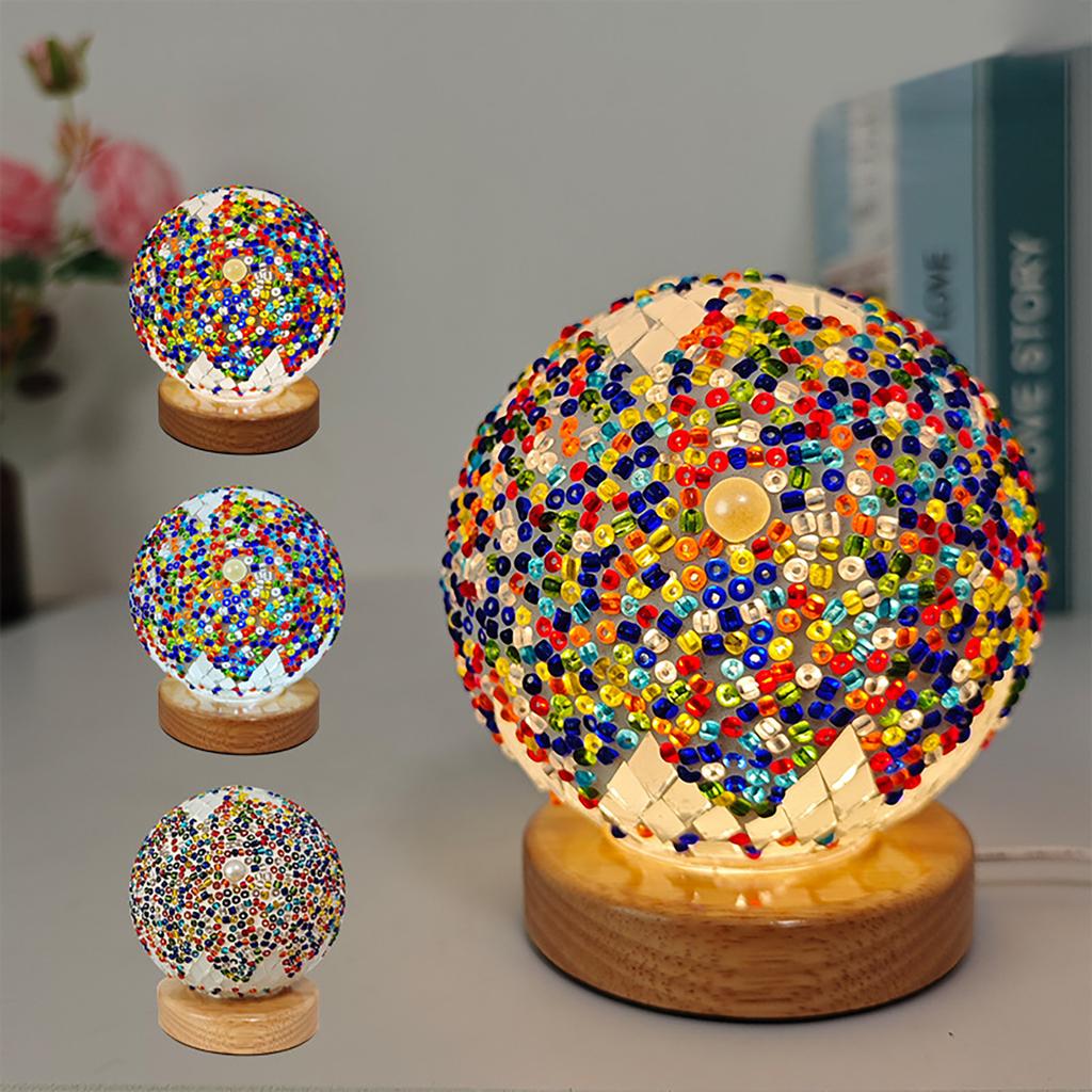 Mosaic Glass Lamp USB Powered 3 Colors Stepless Dimming Decorative Glass Night Light with Wood Base