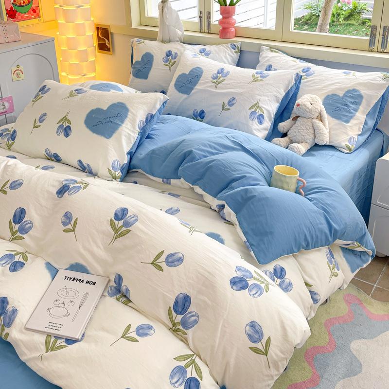 Class A Maternal And Infant Grade Washed Cotton Four-Piece Set Cotton Cartoon Small Fresh Pure Cotton Mattress Quilt Cover 3Pcs Set
