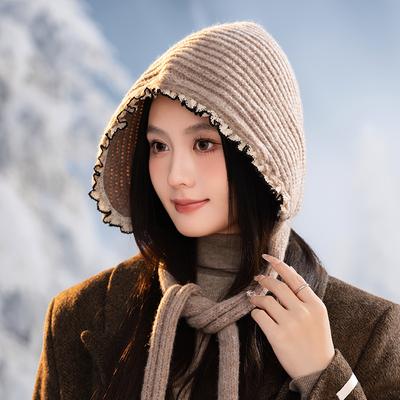 Autumn and Winter Cold Proof Large-head Circumference Warm Pullover Hat Retro Lace Thick Strap Bucket Hat Windproof Warm Wool Hat