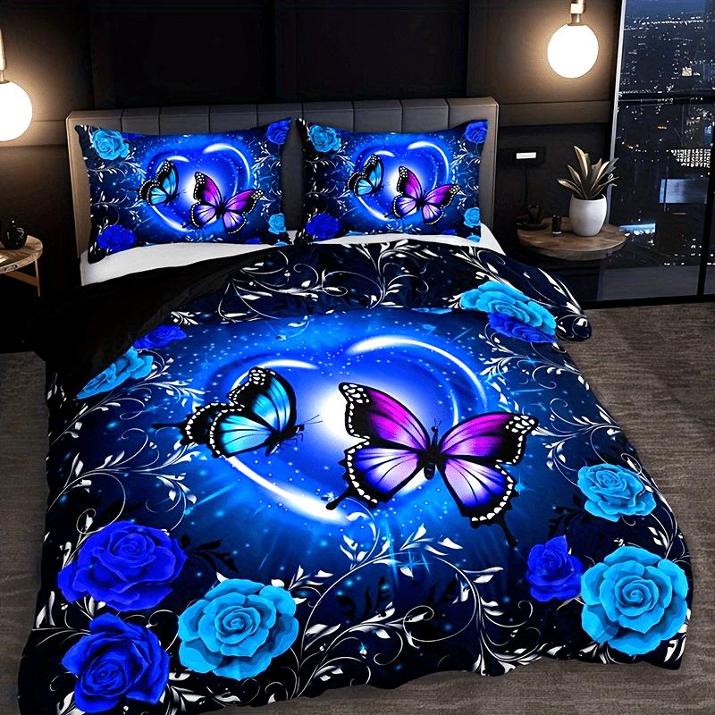 Blue Butterfly Floral Heart Duvet Cover Set - Includes 1 Duvet Cover And 2 Pillowcases Breathable Cotton Machine Washable