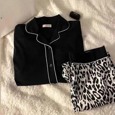Version Printemps et Été du Pyjama pour Dames Vêtement d'Intérieur Léopard Noir Cardigan Automne et Hiver Vêtement d'Intérieur Costume Fin