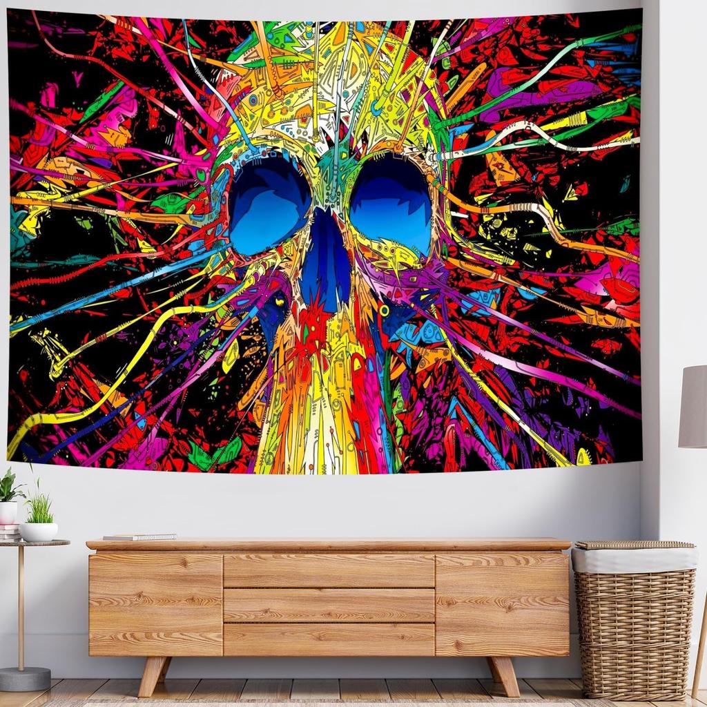 Skull Tapestry Gothic Horror Colorful Skeleton Mystic Dark Tapestry Wall Hanging Trippy Vintage Aesthetic Witchy Psychedelic
