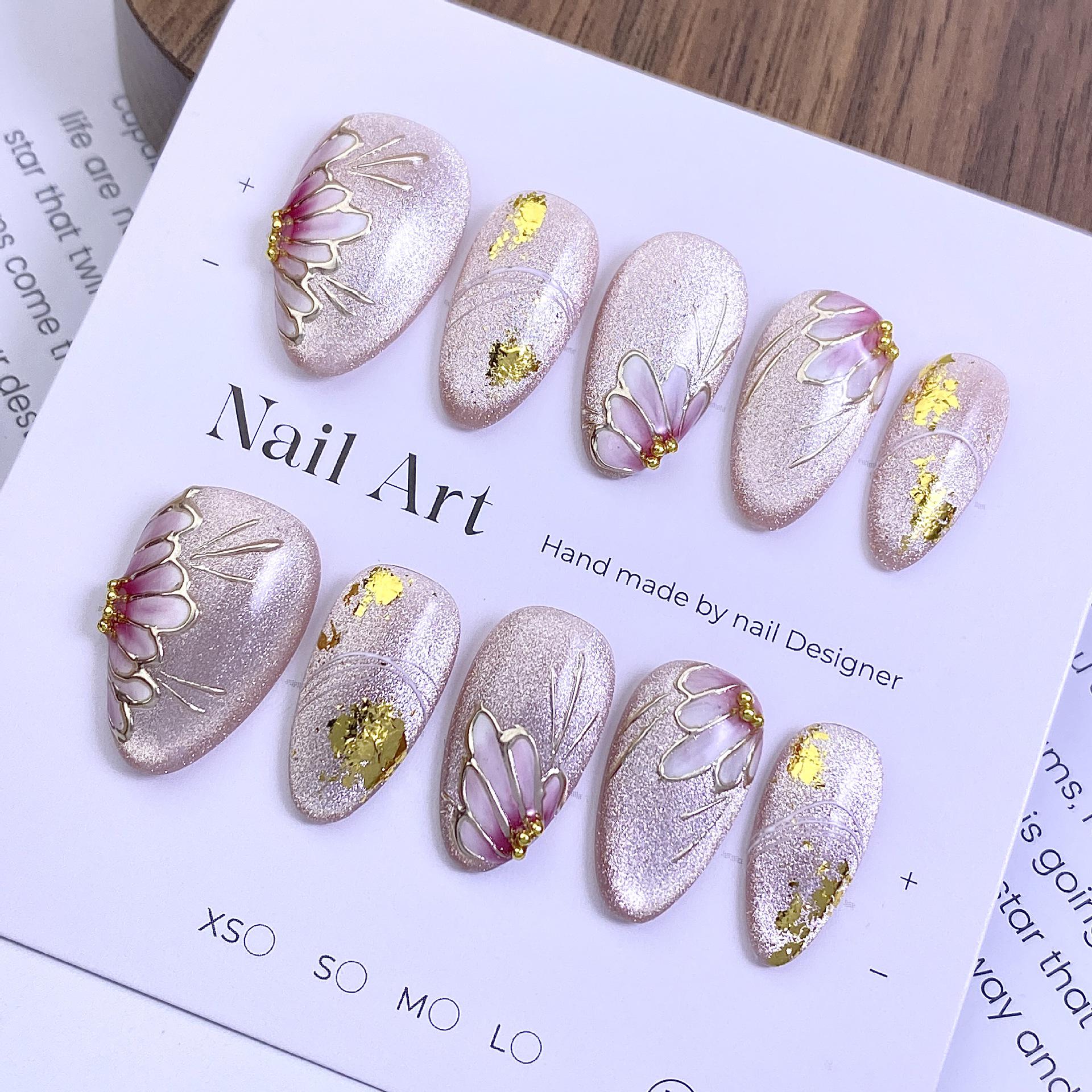 Gold Gradient Hand-Painted Flower Almond Nails with Gilded Crushed Diamonds and Magic Mirror Powder Cat Eye Nail Tips Small