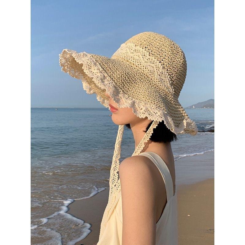 Lace Straw Sun Hat Children's Large Brim Summer Breathable Straw Hat Seaside Full Face Shading Sun Protection Hat Tide