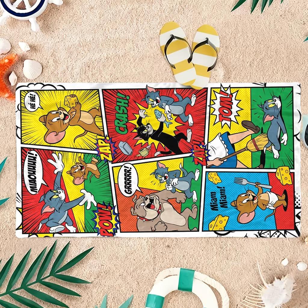 Tom&Jerry Flat Print Beach Towel Microfiber Soft Absorbent Bath Towel for Beach Pool Camping Summer Holiday Gift
