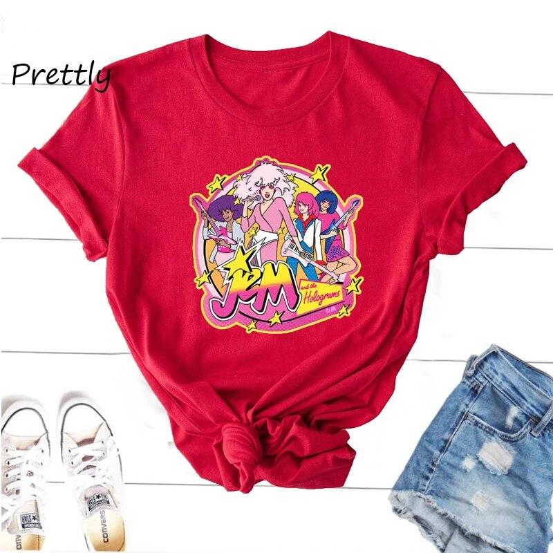 Jem The Holograms Camiseta Feminina Verão Menina 80s vintage banda manga curta camiseta gráfica feminina Unissex algodão manga curta roupas Unissex