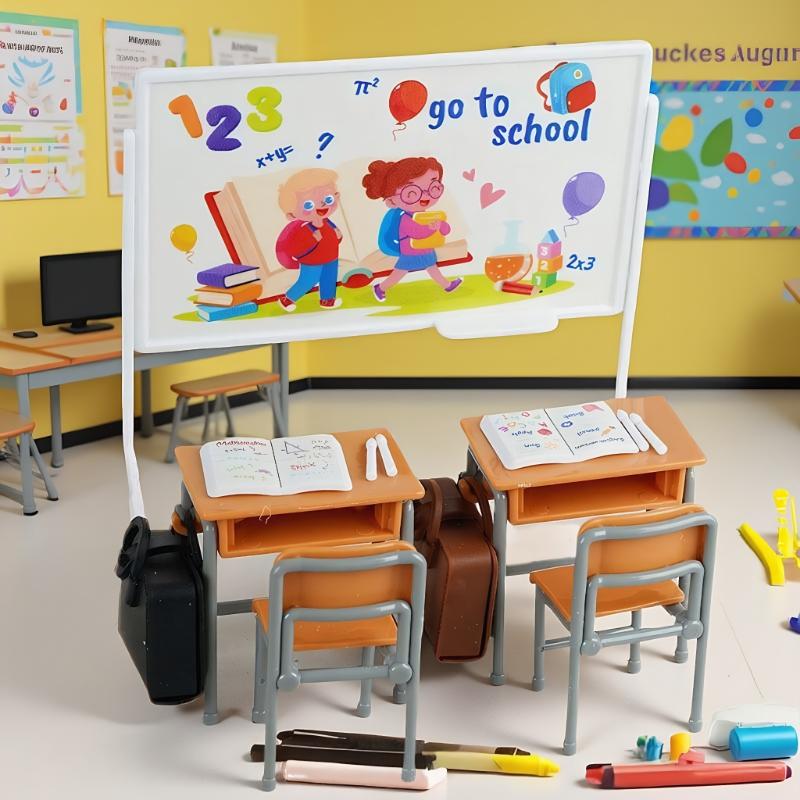 Detailliert 1:12 Puppenhaus Miniatur Klassenzimmer Set mit Schreibtisch, Tafel, Schultasche; Perfekt für Puppenhauszubehör