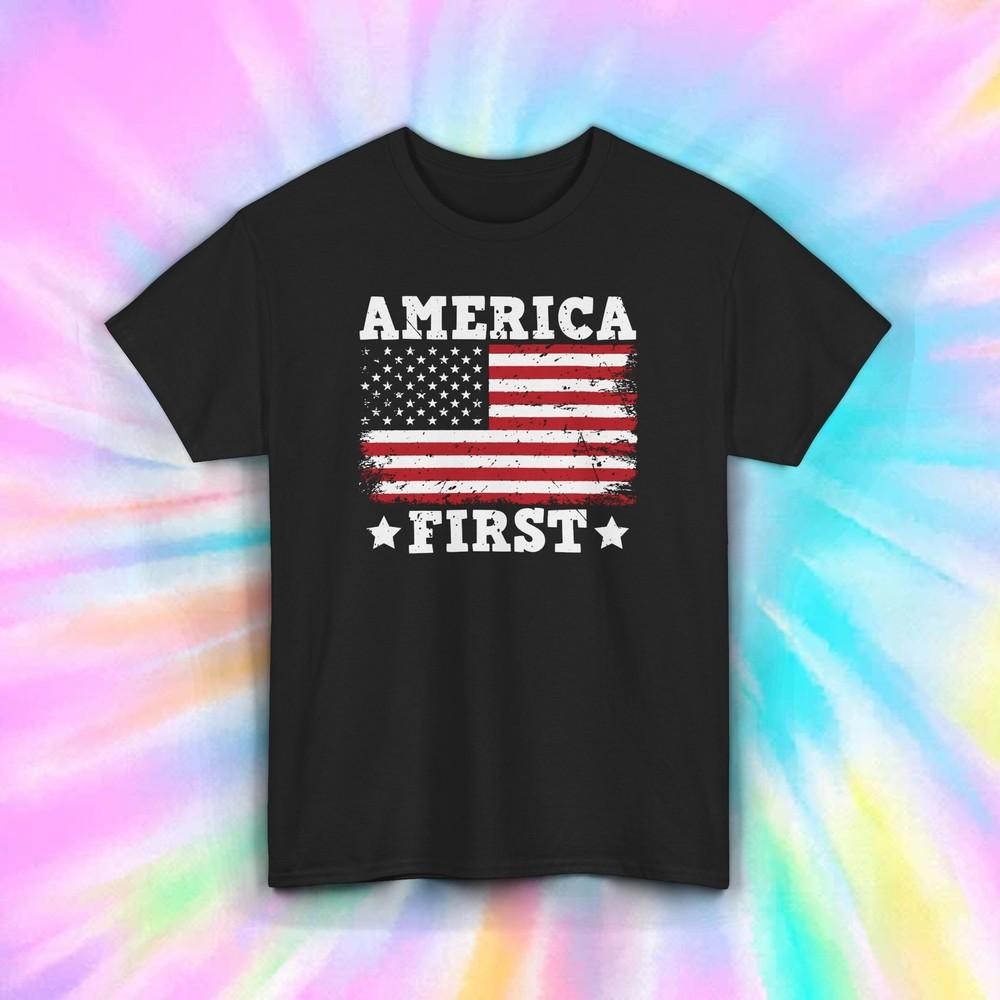 

America First T-Shirt S-5XL Patriotic USA Flag Gift Proud American Graphic Tee 4XL