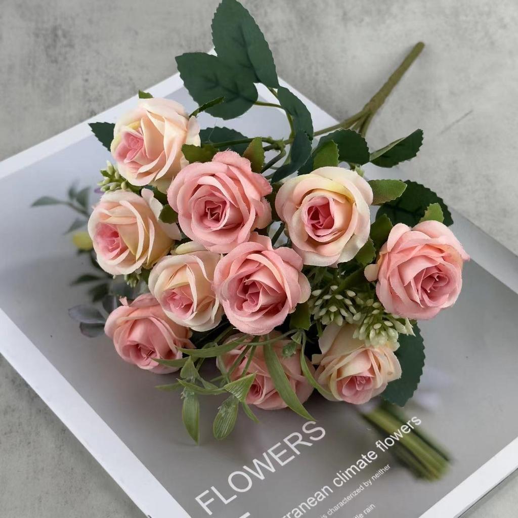 10-Head Silk Flowers Artificial Small Roses Vintage  for Wedding Desk Home Party DIY Bouquet Decor Fake Roses Flower Arrangement