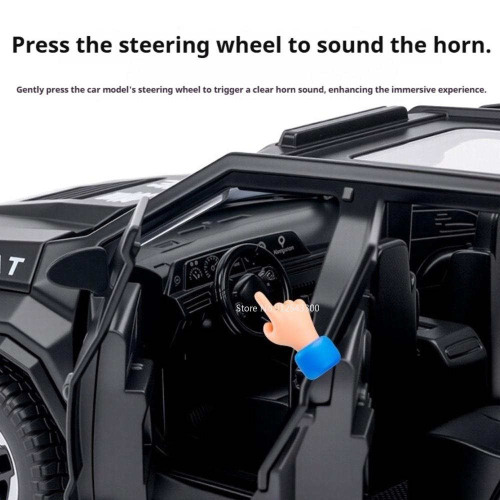 1:24 Rezvani Vengeance Spinosaurus Riot Police Car Model Toy Music Light Wheel Steering SWAT Models for Children's Gifts