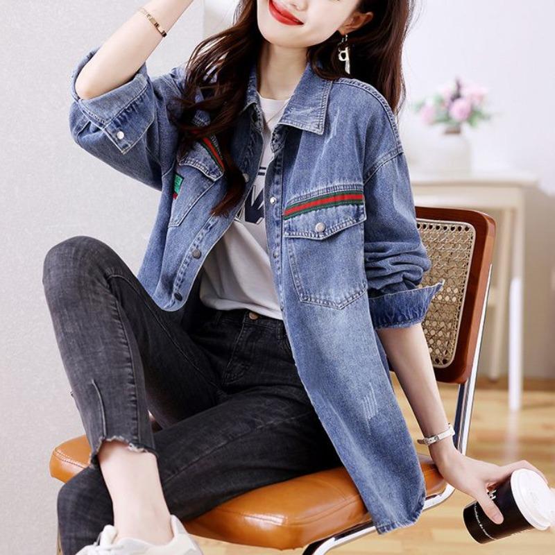 Casual Denim Shirt Women Spring Autumn Fashion Long Sleeve Vintage Loose Fit Mid Length Blouse Coat