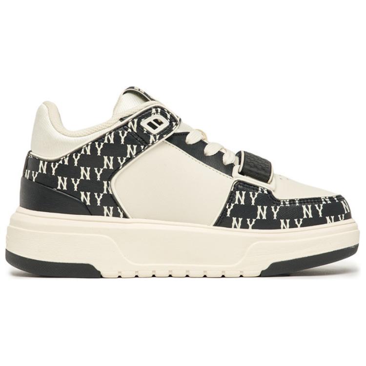 New MLB Chunky Liner Basic Mid Top Skateboard Shoes Unisex Beige Black 3ASXLM13N-50BKS