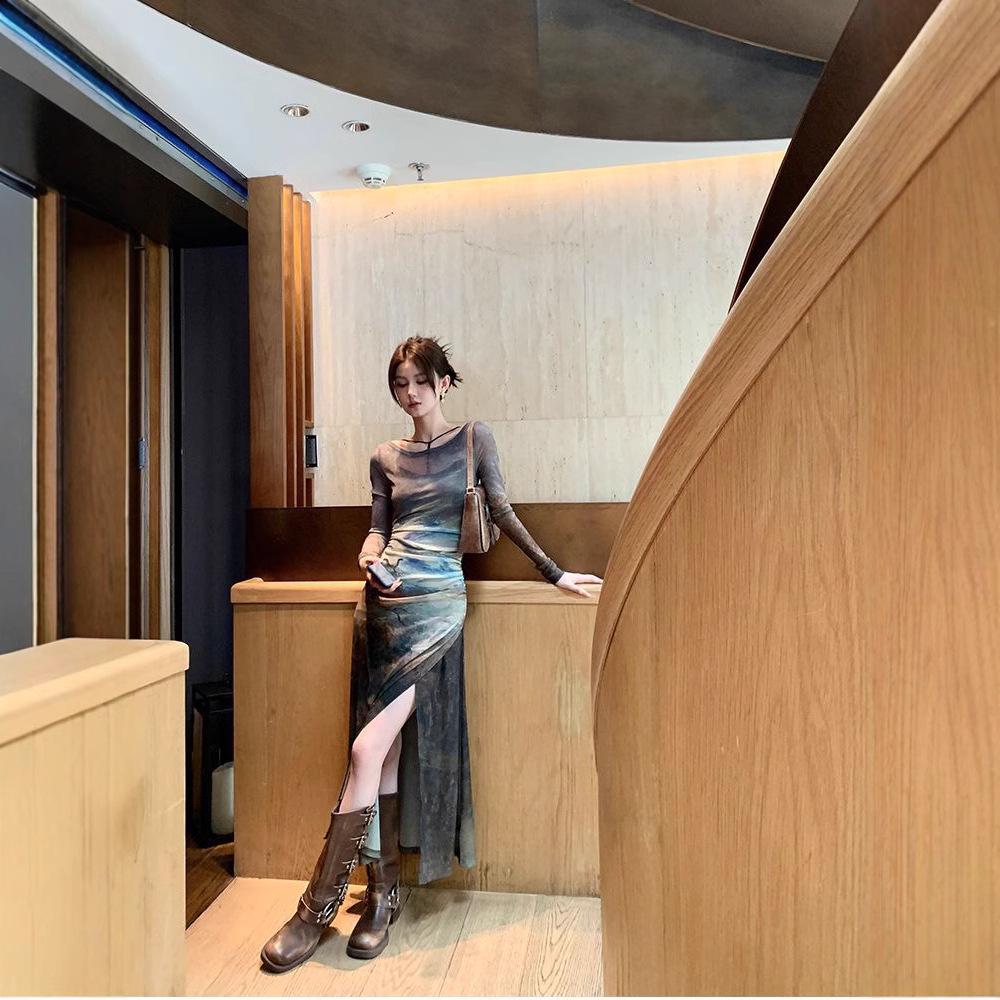 

Ретро Платье из сетки с длинным рукавом и разрезом с внутренней майкой - Набор из двух предметов для осени Extra Large