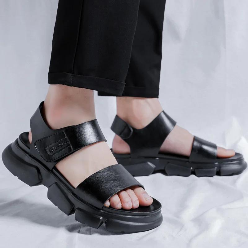 2025 Men's Cool Outdoor Slippers Men's Hollow Out Summer Sandals Leather Thick-soled Beach Shoes Non-slip Handmade Sandals