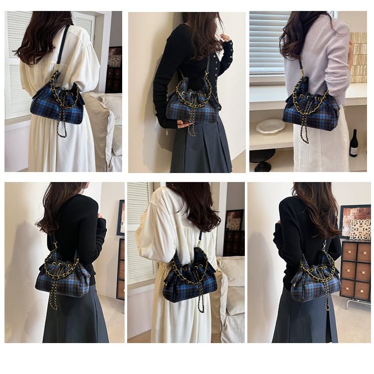 Blue Brown Plaid Woolen Drawstring Bucket Bag Women's Shoulder Bag