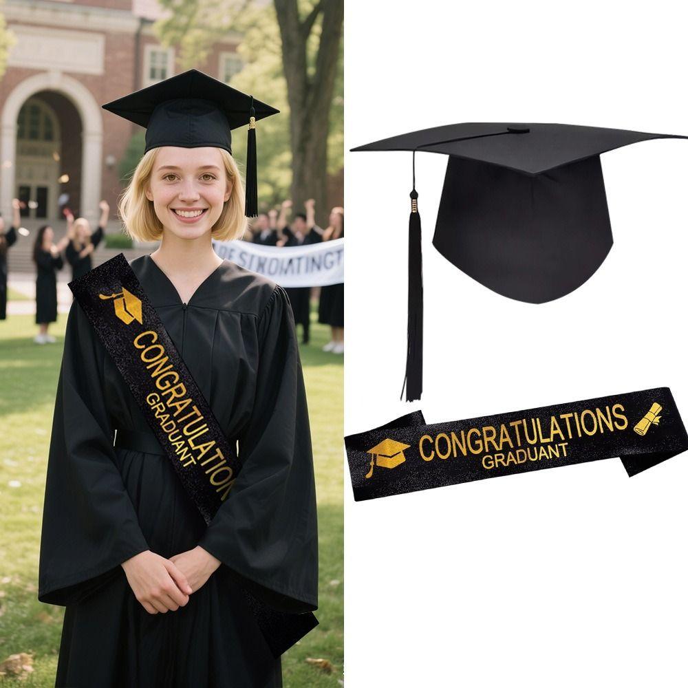 Black Graduation Cap Polyester Graduation Sash Bachelor Degree Graduation Tassel  Party Decorations