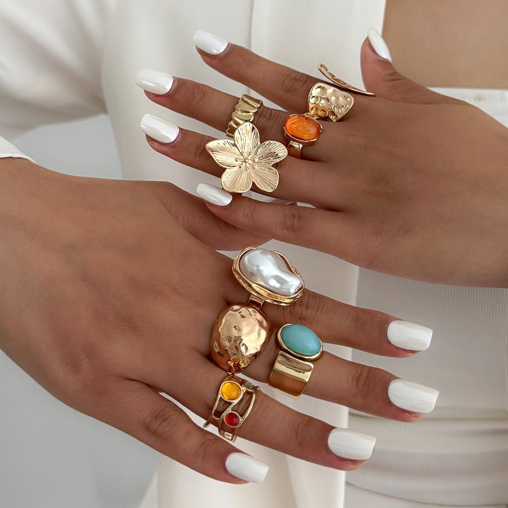 Vintage Baroque Imitation Pearl Ring Set, Light Luxury Imitation Gemstone Liquid Metal Flower Ring