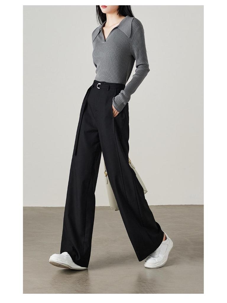 2026 Women's Black Cotton High-Waisted Wide-Leg Pants - Loose, Slimming, and Floor-Length for Spring and Autumn.