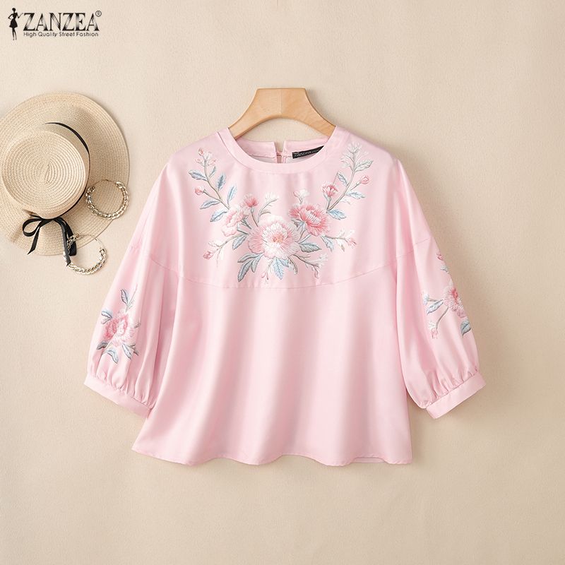ZANZEA Blusa holgada informal con cuello redondo y manga 3/4 con estampado floral para mujer