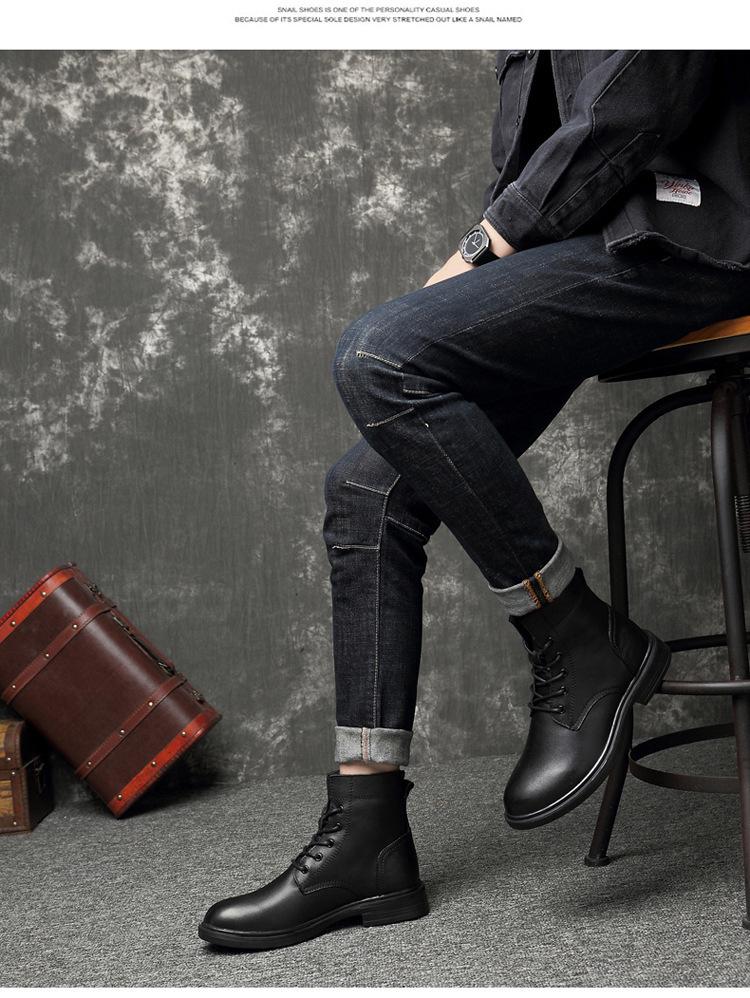 Men's Black Leather High-Top Martin Boots, Large Size, Warm Cotton Lining for Outdoor Work In Autumn and Winter