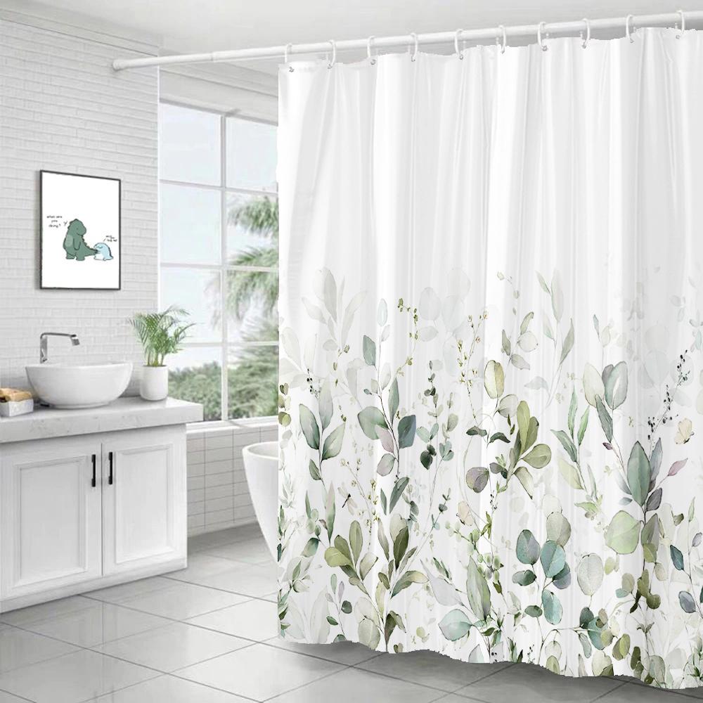 Green Leaf Plant Simple Nordic Printing Bathroom Shower Curtain Polyester Waterproof Home Decoration Curtain with 12 Hooks