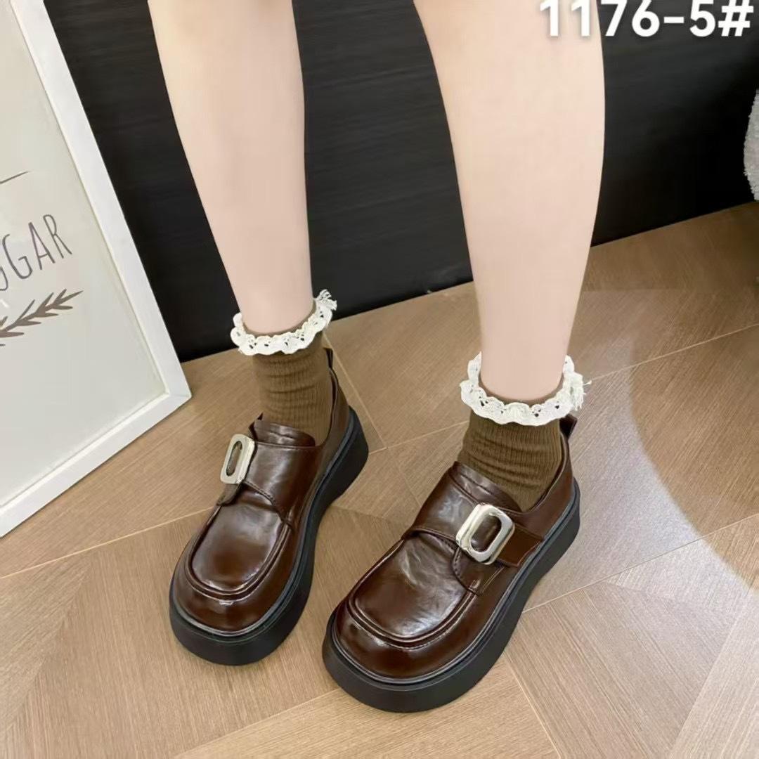 

1176-5 ретро коричневые с круглым носком лоферы JK женские 2025 весна новые на толстой подошве с увеличением роста маленькие кожаные туфли 40 коричневый