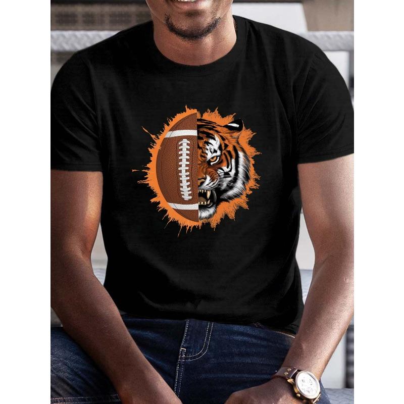 

European Sizes Plus Size Men s Crew Neck Graphic T-Shirt - Short Sleeve Polyester Casual Summer Top with Football & Tiger Design S разноцветный