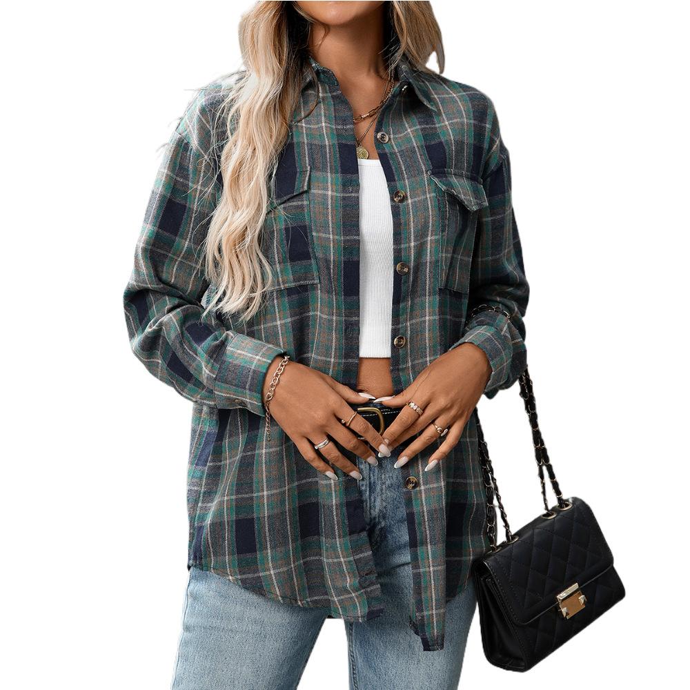 Autumn and Winter Casual and Fashionable Loose Checkered Pocket Shirts