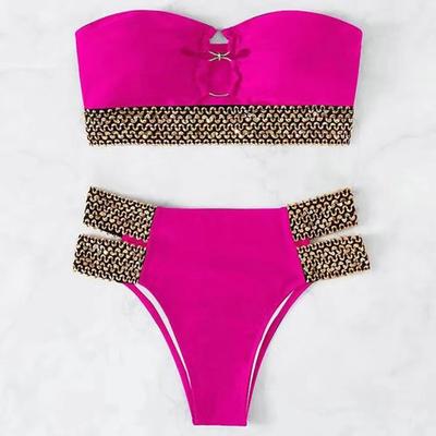 2 sztuk/zestaw popularne damskie stroje kąpielowe Off Shoulder zbierające dotykowy biustonosz Bandeau biustonosz z wysokim stanem stroje kąpielowe odzież do aktywności w wodzie