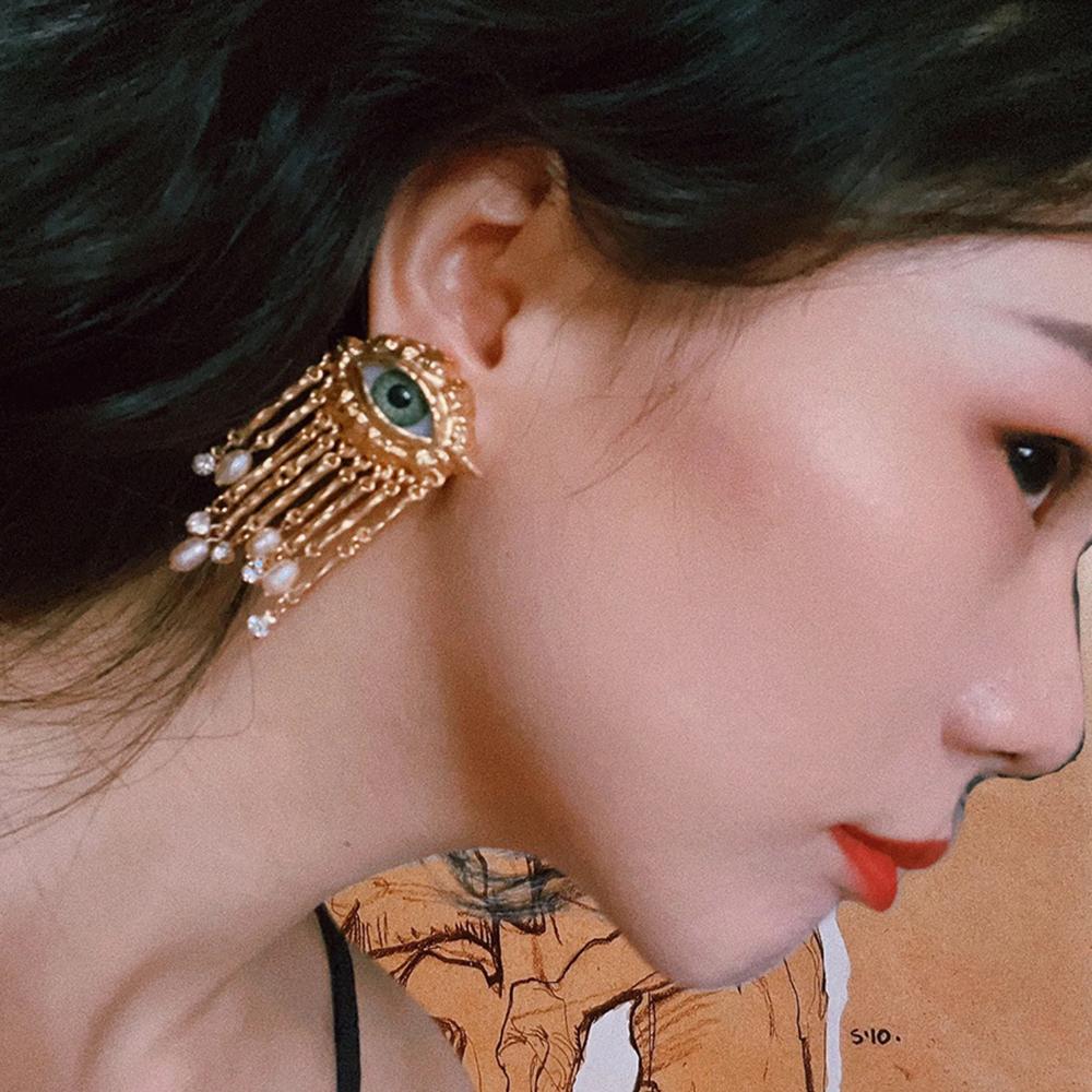 French Retro Unique Personality Exaggerated Eyes And Earrings Pearl Rhinestone Tassel Earrings Women's Jewelry Party Accessories