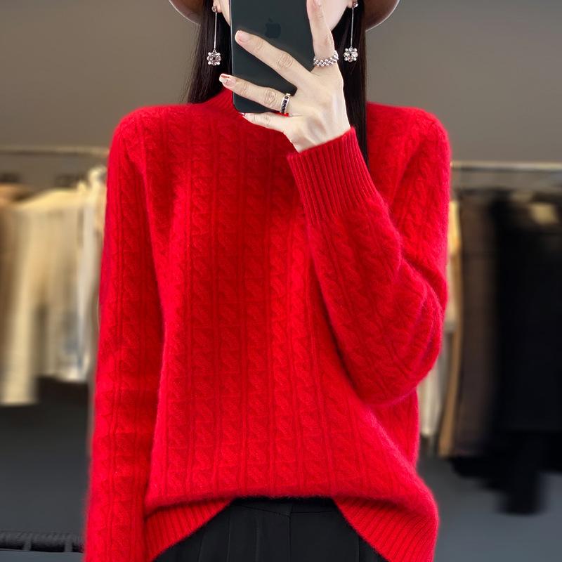 2023 Autumn/Winter Women's Korean Wool Cable Knit Round Neck Sweater