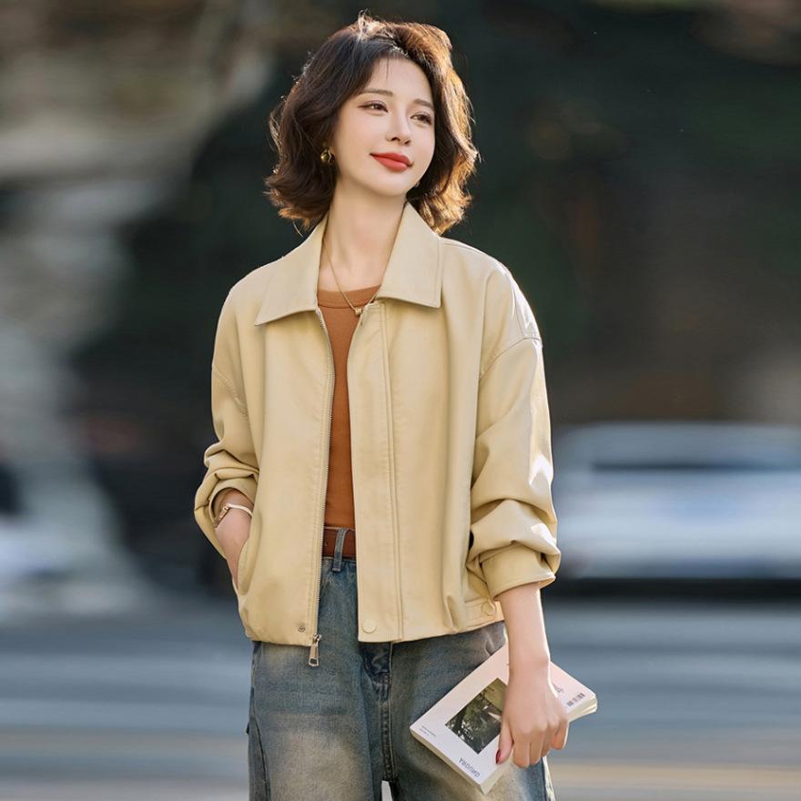 Lapel short leather jacket women's spring and autumn new loose locomotive clothing casual retro PU leather jacket top
