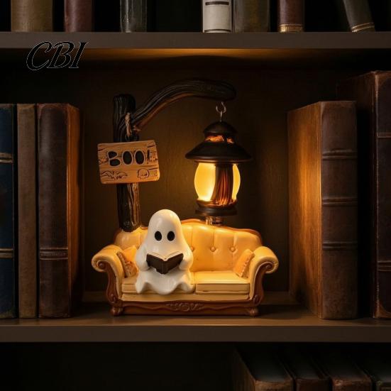Non Horror Cute Holiday Figurine Halloween Ghost Reading Book Lamp, Night Light with Book, Unique Desktop Atmosphere Lighting 3D Resin Tabletop