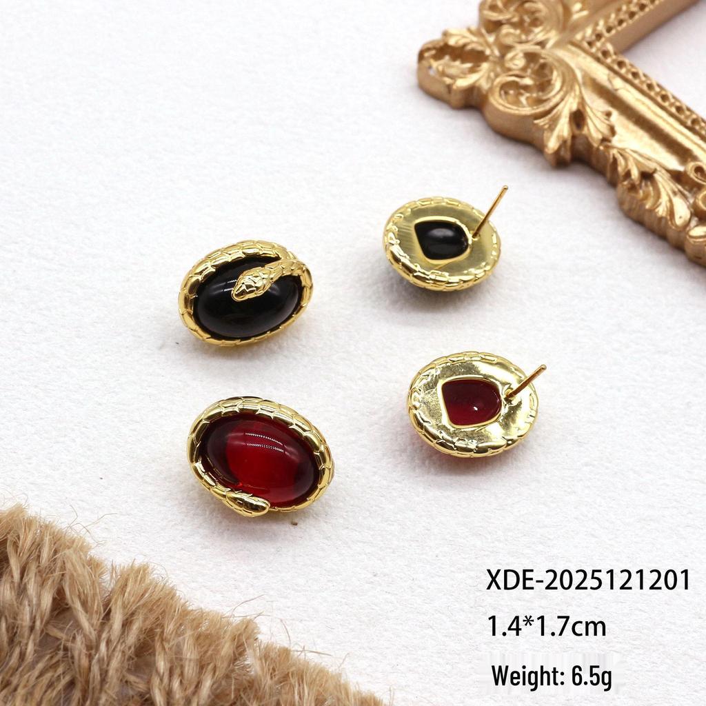 Elegant Gold Snake Stud Earrings - Natural Stone, Luxurious & Versatile Design