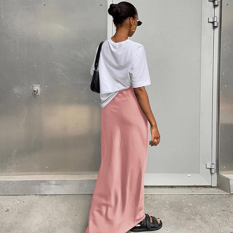 Elegante Satin Schwarz Trompete Röcke Mode Schlanke Hohe Taille Röcke Frauen Weibliche 2024 Solide Büro Langen Rock Frühling Sommer
