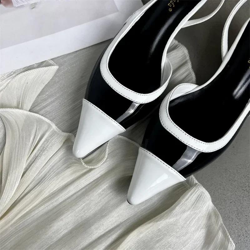 Designer Schwarz Weiß Farbe Niedrige Absatz Sandalen Damen Sexy Spitze Zehen Riemchen Keilabsatz Hohe Absätze Damen Elegante Absätze