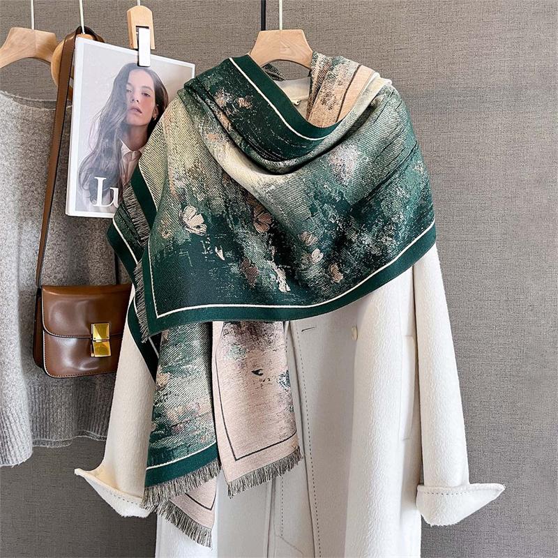 Oil Painting Styles Winter Women Scarf Imitation Cashmere Thicken Warm Shawl Pashmina Scarves Female Wrap Blanket Foulard Luxury
