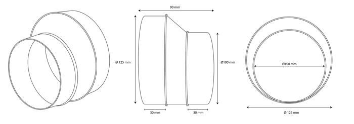 H-c vent Reducteur de tuyau de 125 a 100 mm pour tuyau de ventilation en PVC rond tuyau d'air