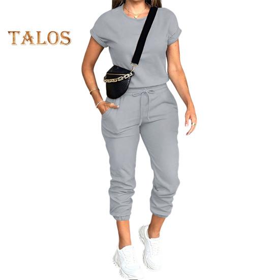 

Женский спортивный костюм с коротким рукавом, повседневный топ с круглым вырезом и джоггеры на шнурке с карманами, женский спортивный комплект из двух частей S