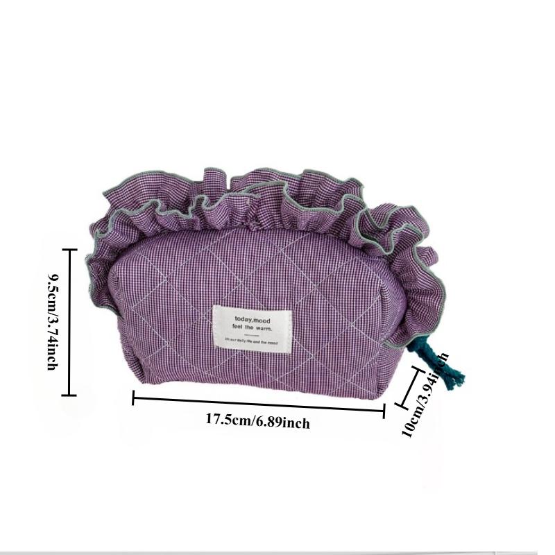 Women's Vintage Gingham Cosmetic Makeup Bag with Ruffled Edges-Large Capacity Organizer, Elegant Ribbon Bow Closure for Daily