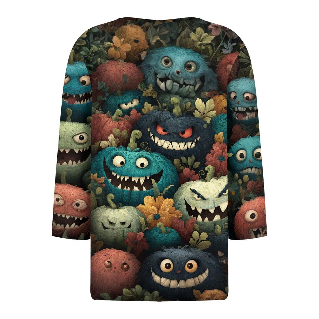Women's T Shirt Tee Halloween Printed Button 3/4 Sleeve Tunic Daily Weekend Fashion Basic V- Neck Regular Top