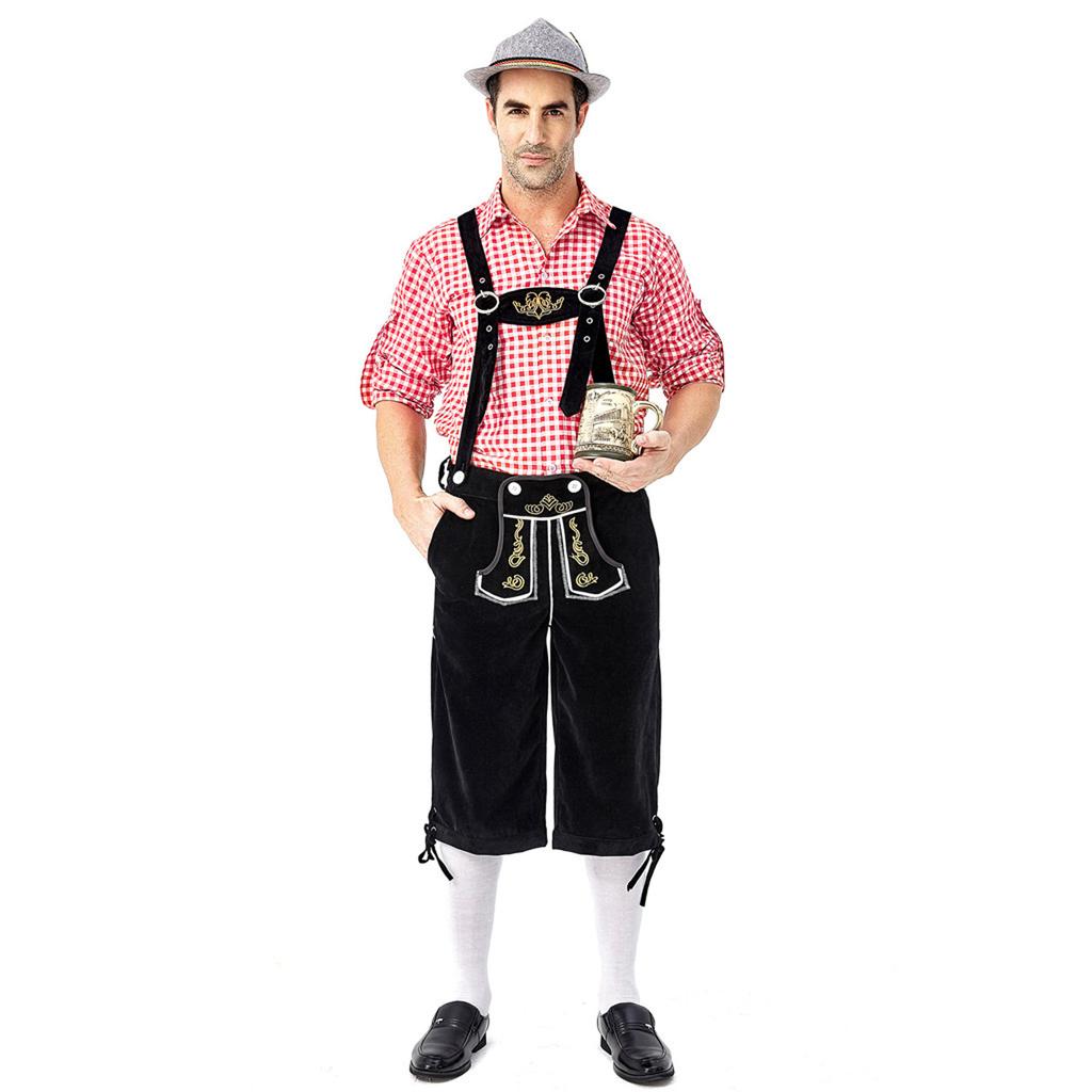 German Traditional Beer Festival Clothing Plaid Shirt Embroider Suspender Suit