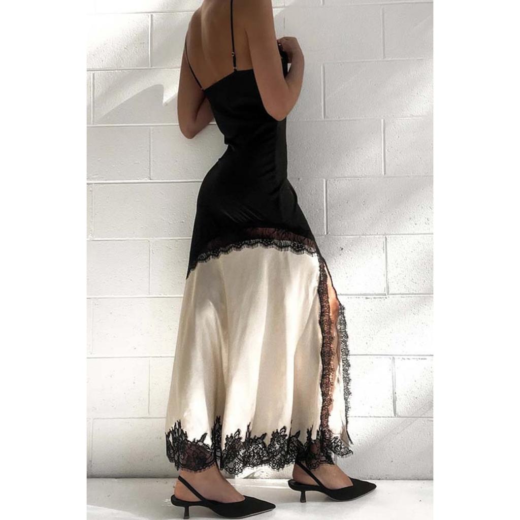 Europäisch-Amerikanisches Damen-Colorblock-Latzkleid Asymmetrisches Spitzen-Patchwork Seitenschlitz Saum Sommerkleid