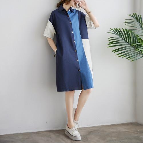 

Real Shot Summer New Literary Large Size Loose Splicing Lapel Short Sleeve Dress Women s Medium and Long Shirt Skirt one size fits all синий