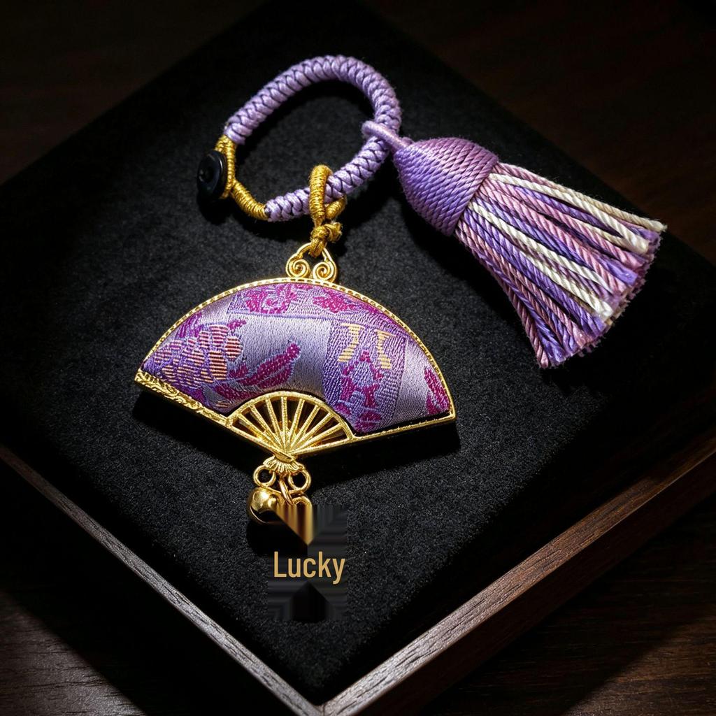 Handmade Double-Sided Brocade Fan Keychain Pendant and Bag Charm